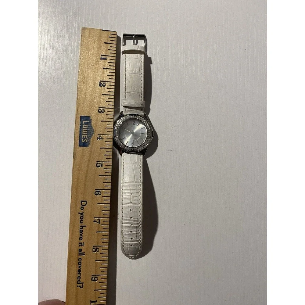 Guess Waterpro Womens Watch G10575L Silver Tone Rhinestone Bezel White Leather